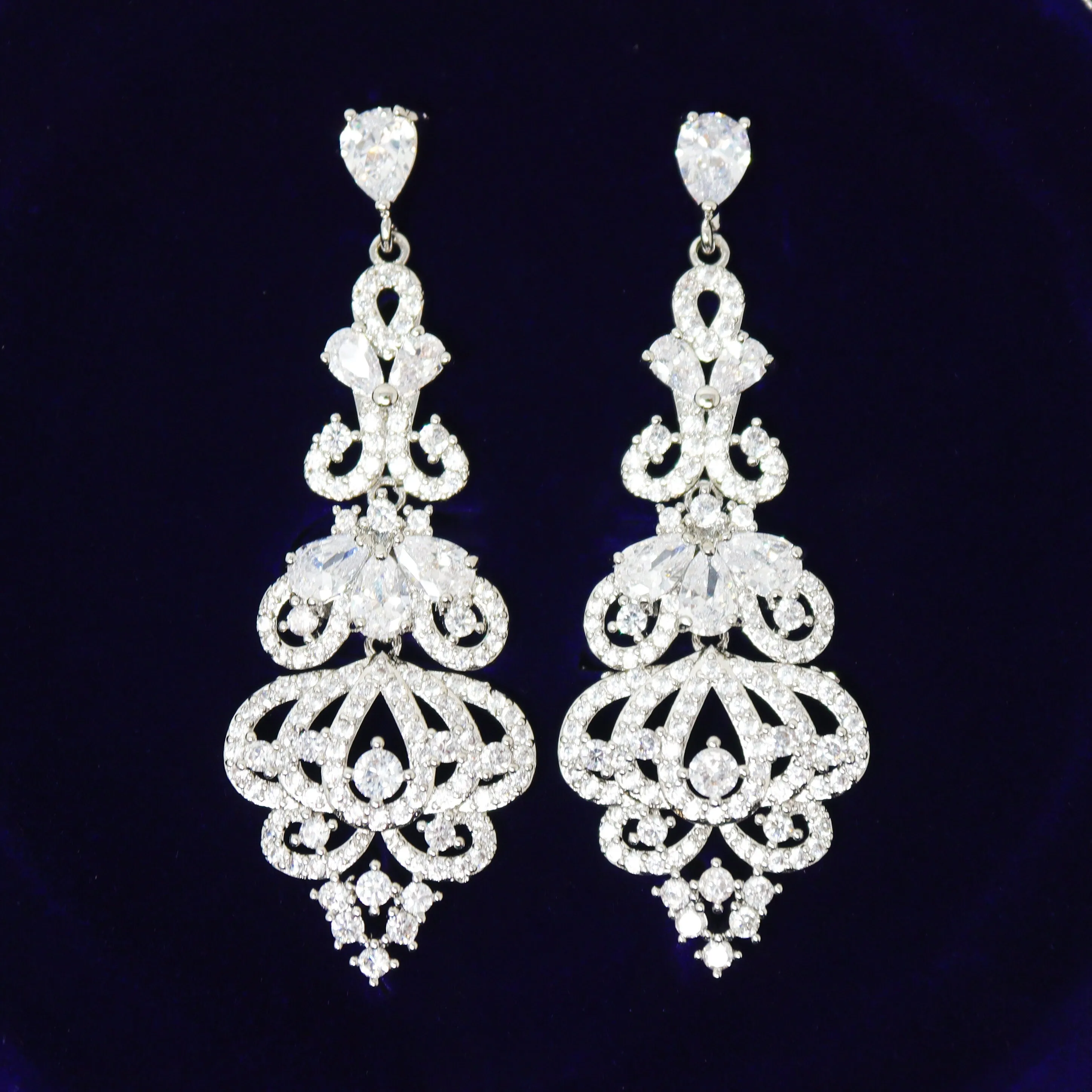 Swarovski Lover's Chandelier Necklace, Long Bridal Jewelry, Bridal Earrings And Necklace, Statement Earrings Cz Necklace Set.