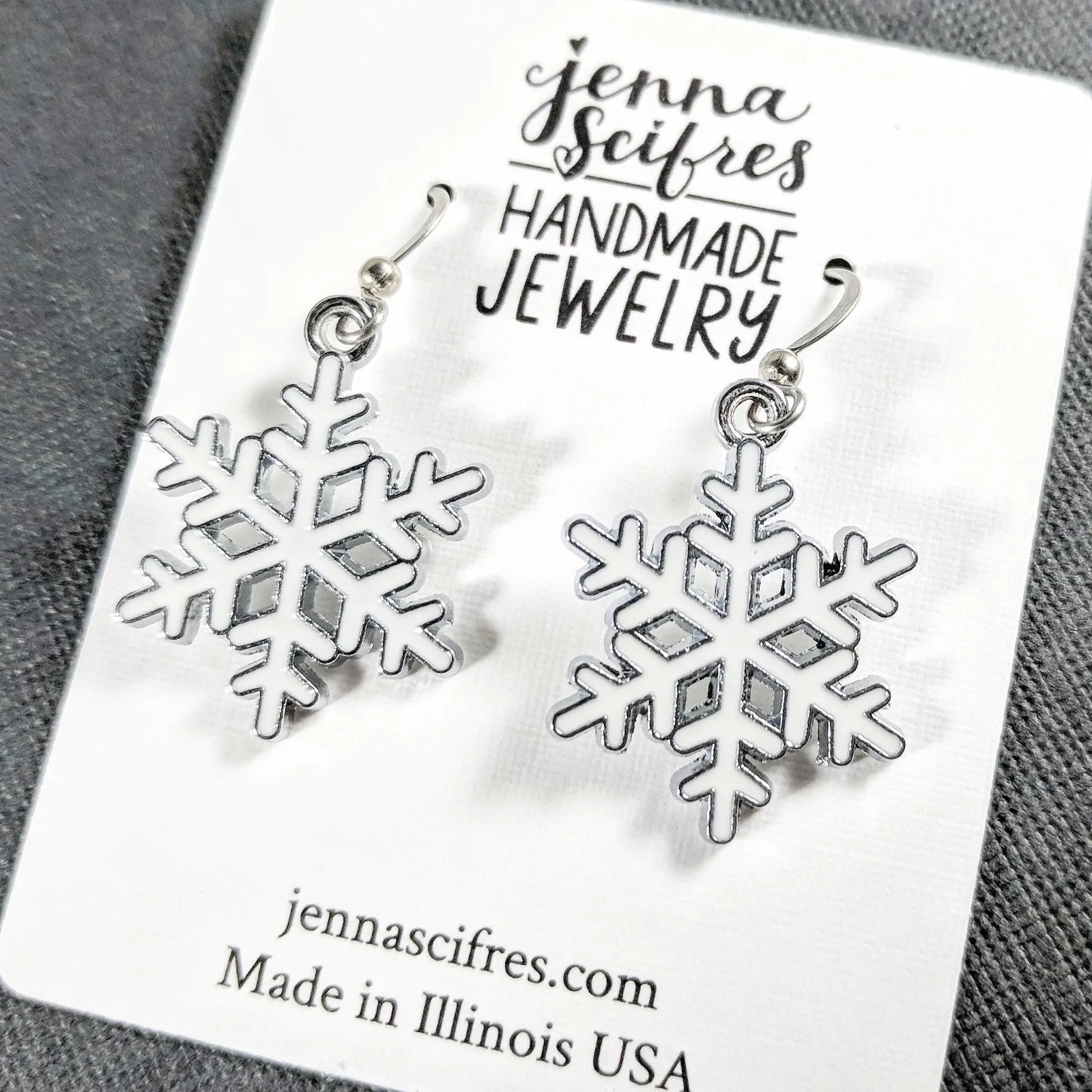 White Snowflake Dangle Earrings - Surgical Steel
