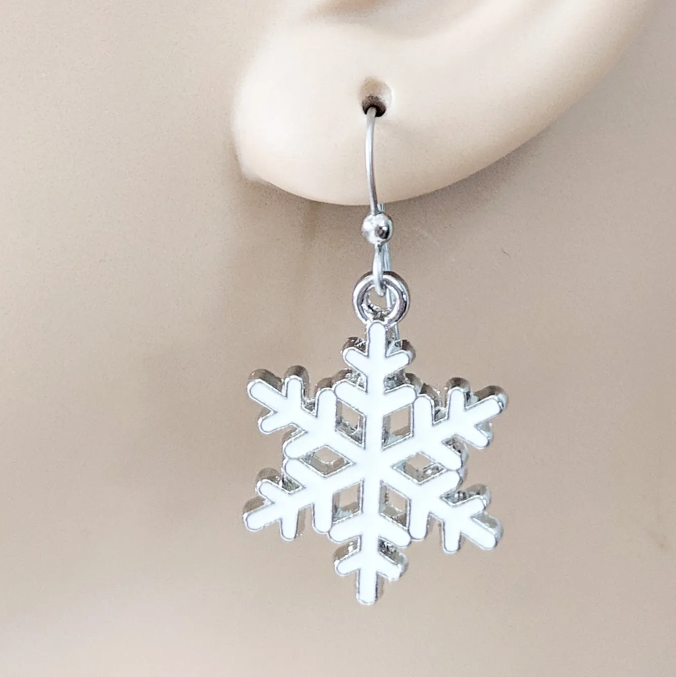 White Snowflake Dangle Earrings - Surgical Steel
