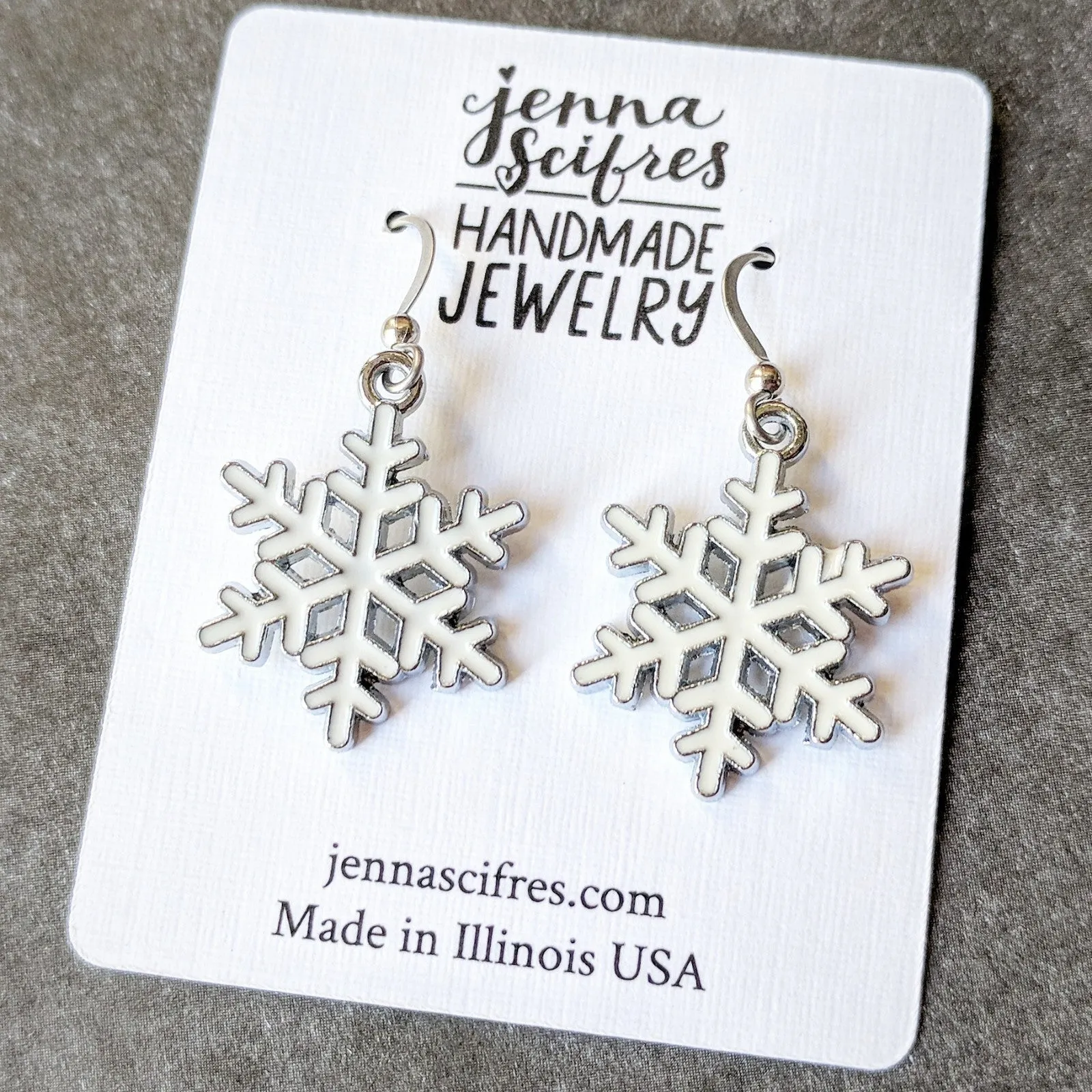 White Snowflake Dangle Earrings - Surgical Steel