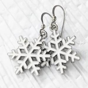 White Snowflake Dangle Earrings - Surgical Steel