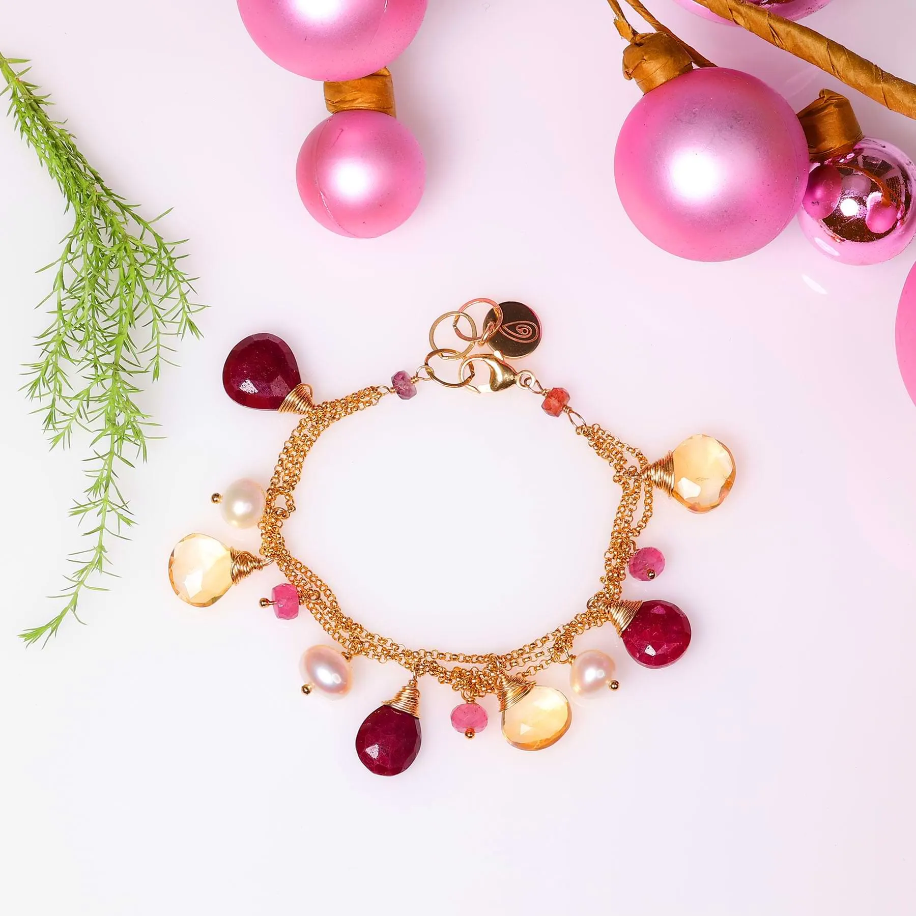 Winter Wonderland - Ruby, Citrine, Pearls and Pink Sapphire Gold Charm Bracelet