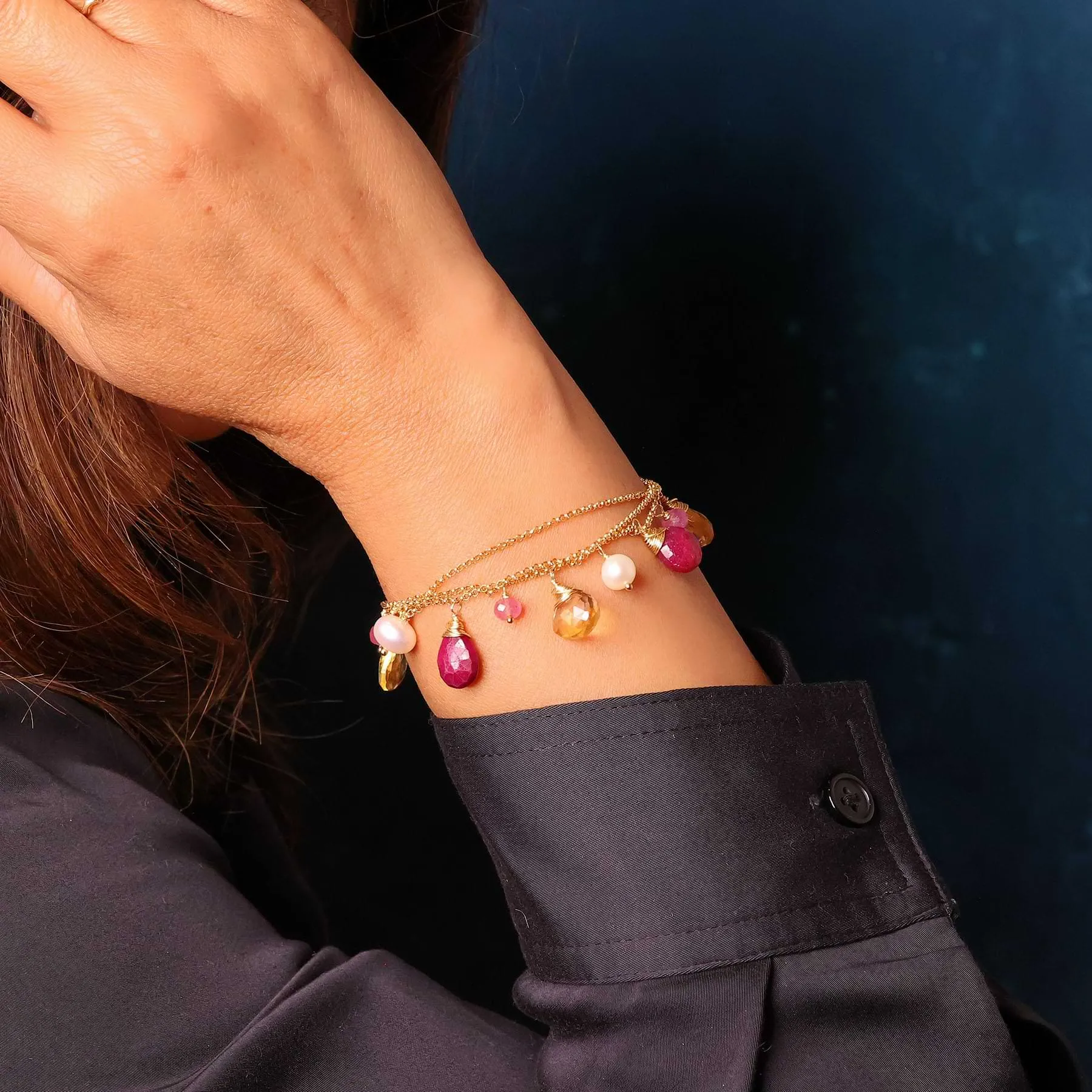 Winter Wonderland - Ruby, Citrine, Pearls and Pink Sapphire Gold Charm Bracelet