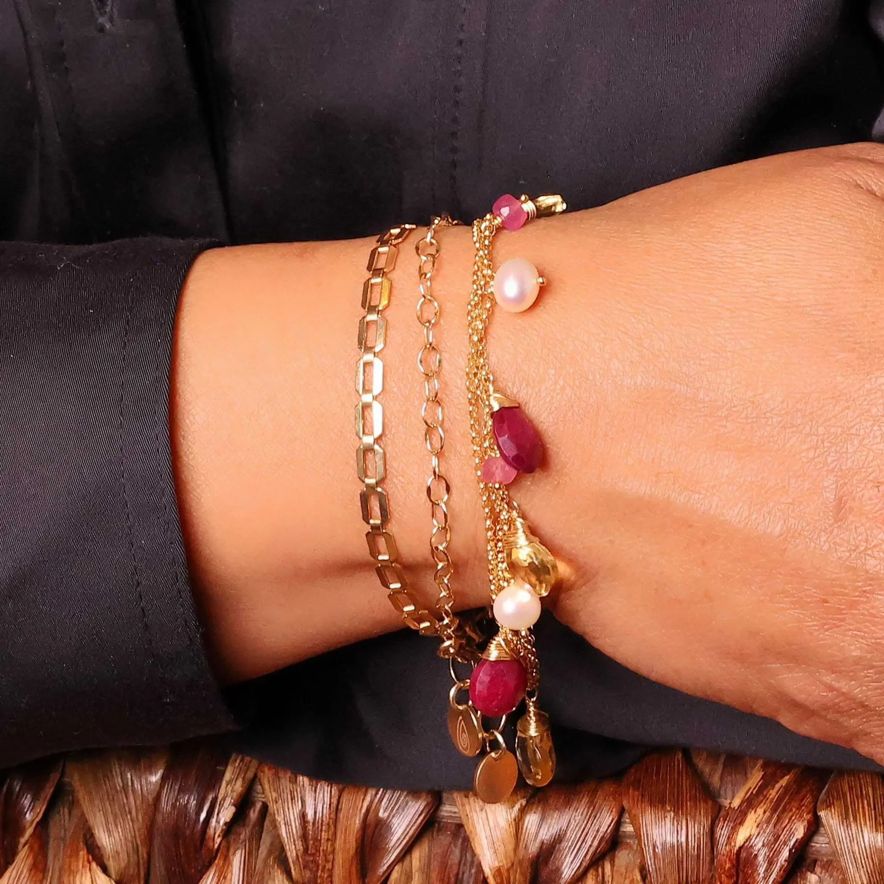 Winter Wonderland - Ruby, Citrine, Pearls and Pink Sapphire Gold Charm Bracelet