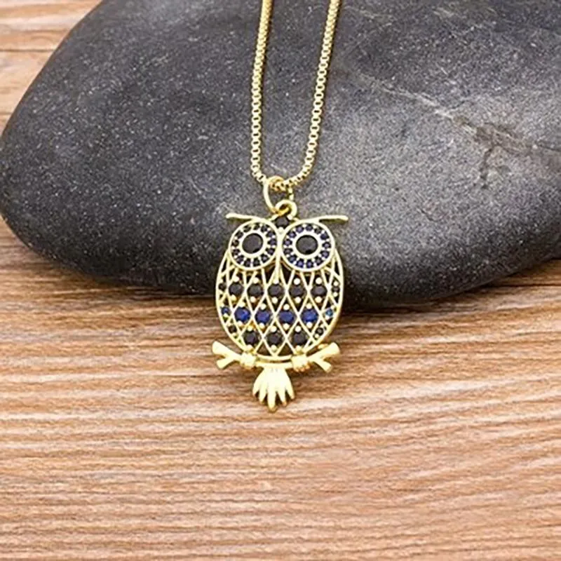 Zircon Adorned Cute Owl Pendant Necklace