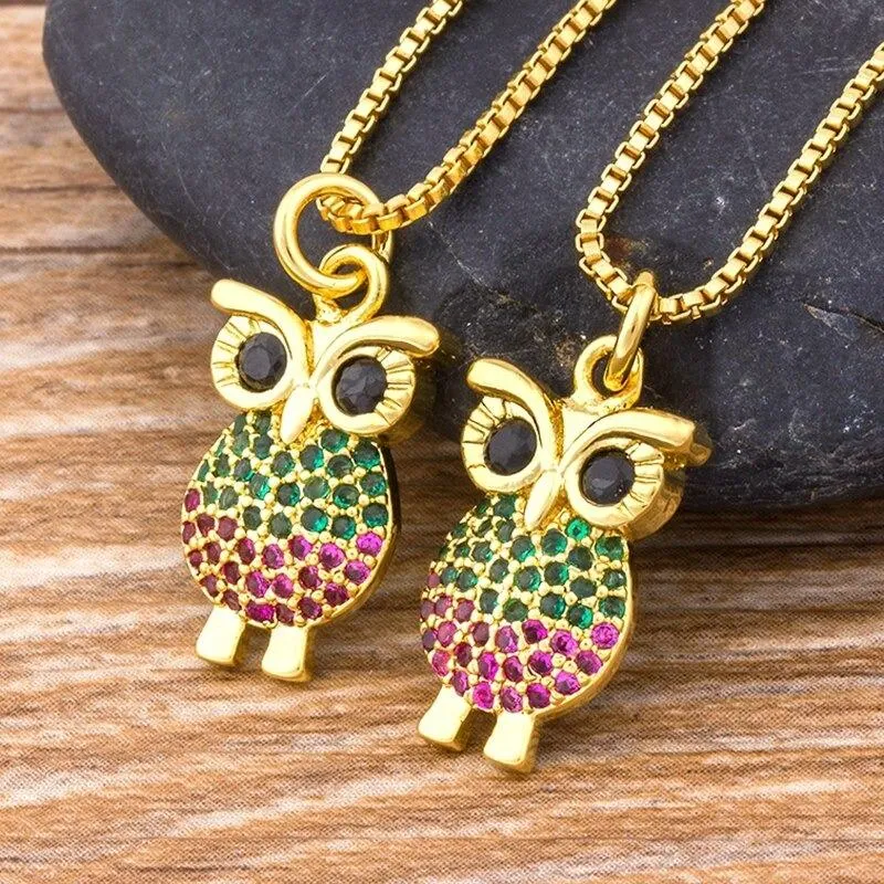 Zircon Adorned Cute Owl Pendant Necklace